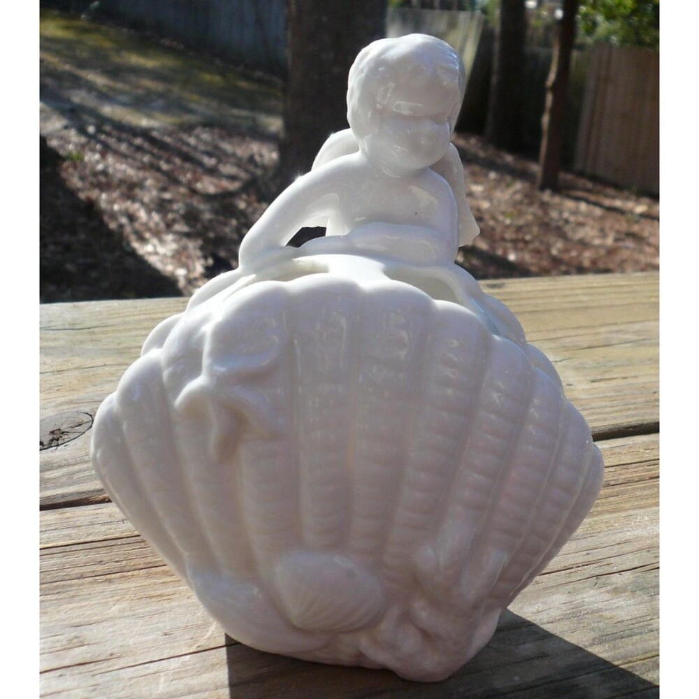 Vintage White Porcelain Cherub Angel Putto Toothbrush Holder with Seashells